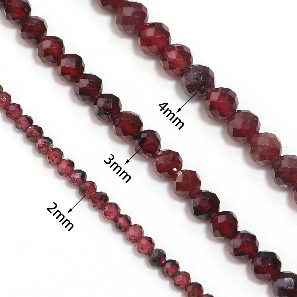 Natural Brazil Red Garnet 2/3/4mm Faceted Round Beads Shinny Stone For Jewelry Making DIY Bracelet Necklace Strand Woman