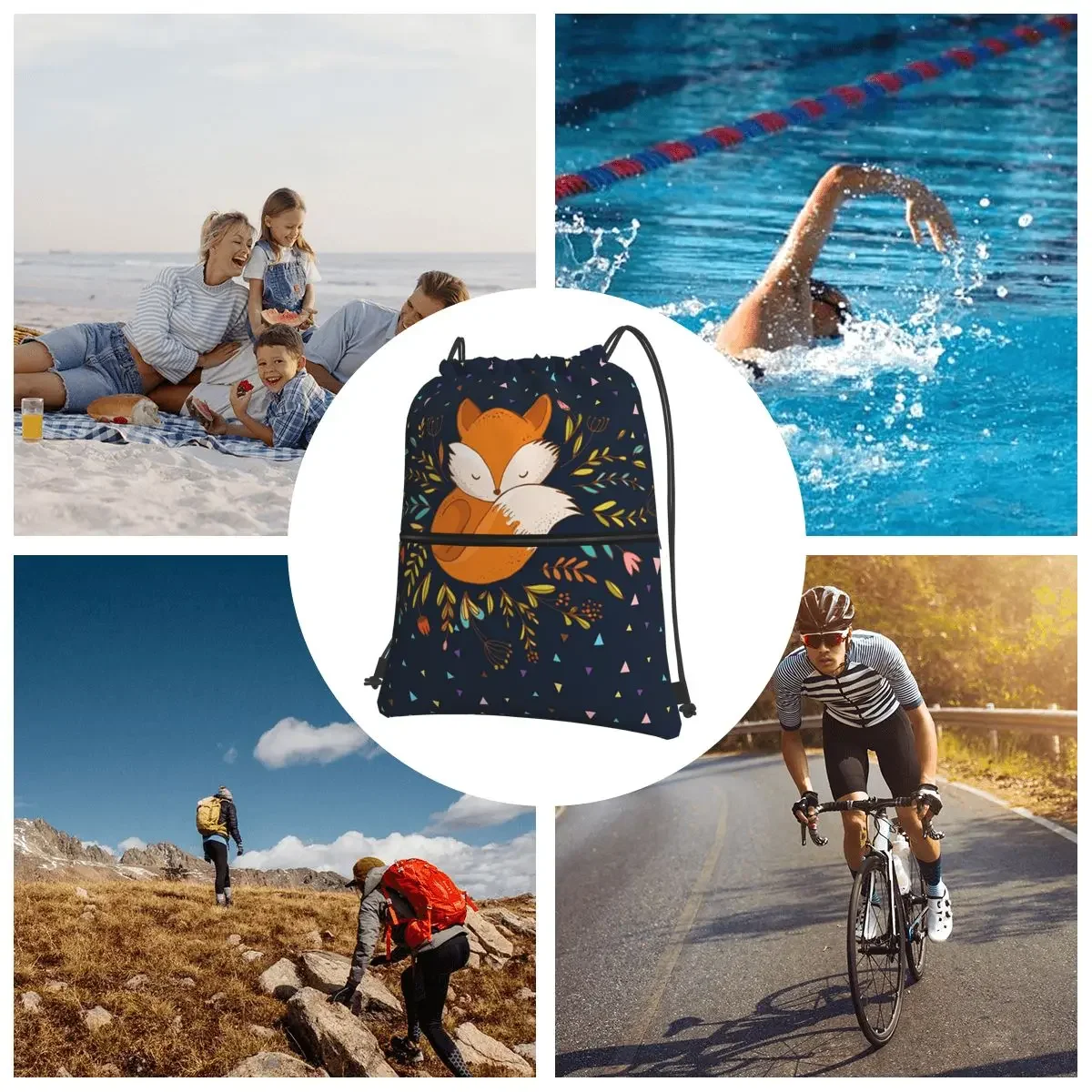 Cute Fox Flowers And Triangles Portable Backpacks Drawstring Bag Drawstring Bundle Pocket Shoes Bags For School Students