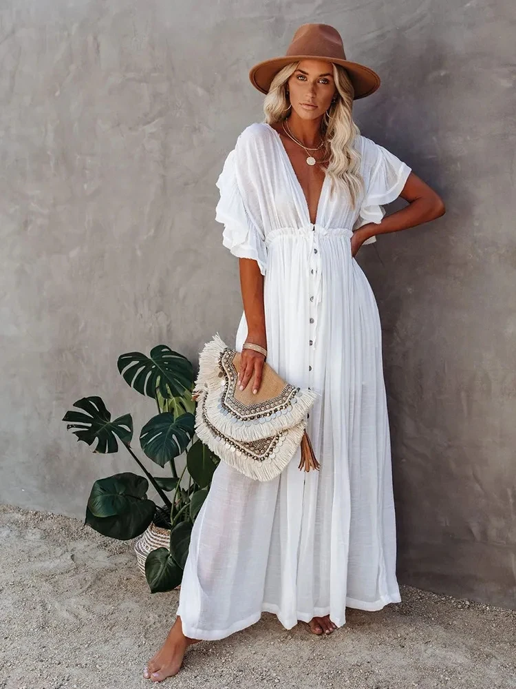 

Sexy Bikini Cover-ups Deep V Neck Long White Tunic Casual Summer Beach Dress Elegant Women Clothes Beach Wear Swim Suit Cover Up