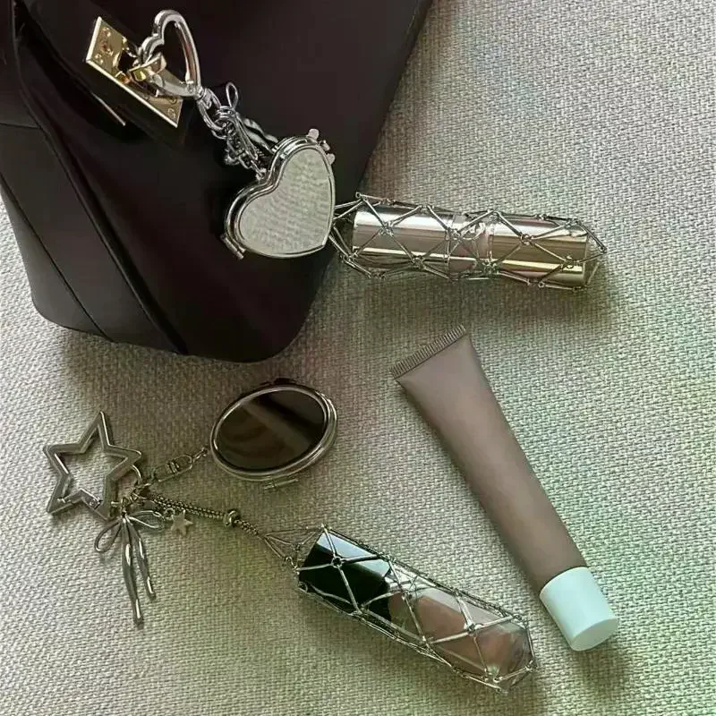 Metal Net Pocket Lipstick Protective Cover Keychain Portable Makeup Pouch Lip Balm Bag Keyring With Mirror Backpack Pendant