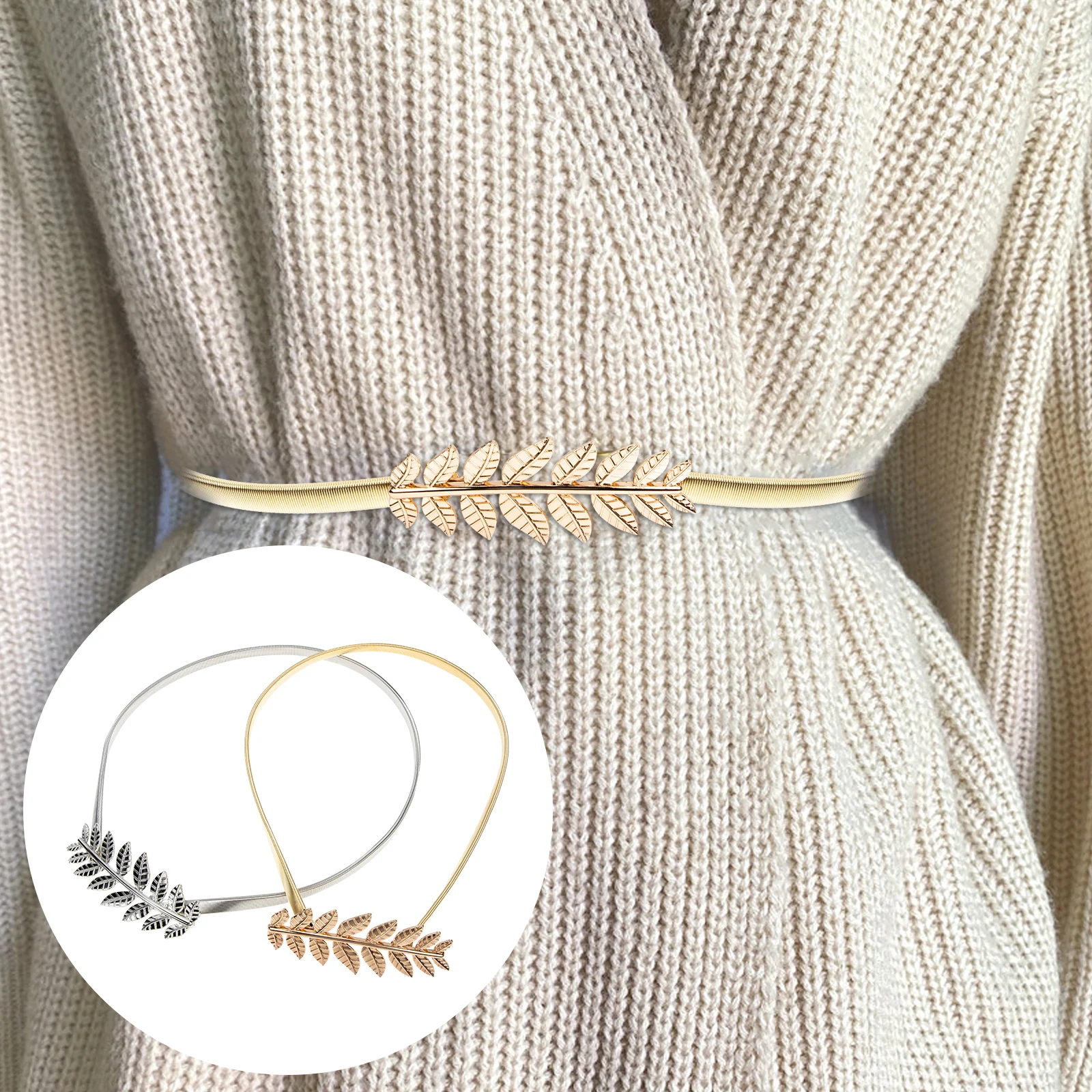 

2pcs Alloy Waist Belts For Women Leaves Design Elastic Dress Belt Lightweight Stretchy Metal Waistband Beach Dance Clothing