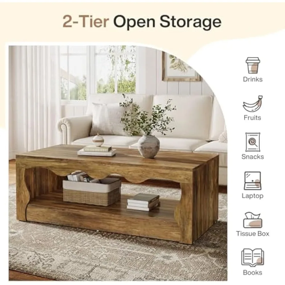 Mesa de centro retangular estilo fazenda, 47,24 polegadas, peça central de madeira de 2 camadas para sala de estar