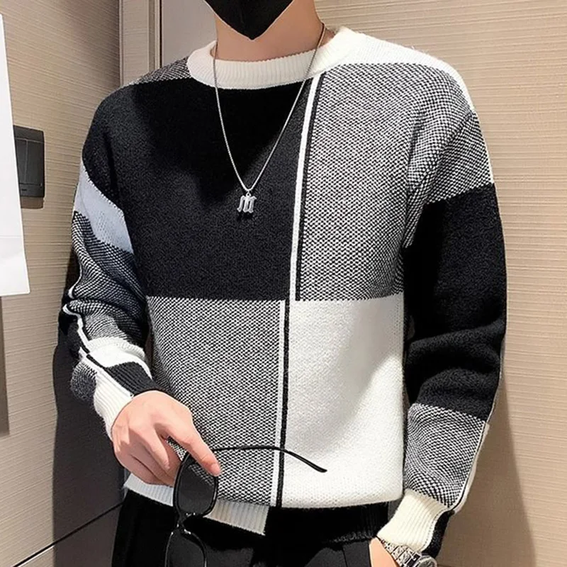 Mode O-Ausschnitt gestrickt gespleißt All-Match-Farbe Pullover Herren bekleidung 2023 Herbst neue lose lässige Pullover asymmetrische Tops