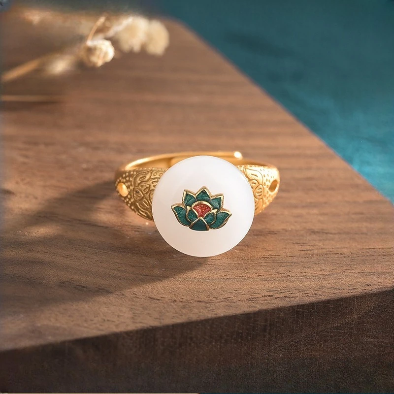 New Vintage Chinese Style Lotus Ring Imperial Enamel Copper Gold Plated Handmade Women's Jewelry