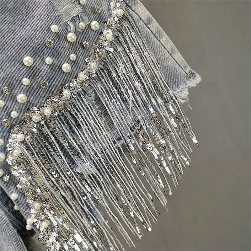 Denim Shorts Women's 2025 Summer Clothes New European High Waist Thin Heavy Industry Beaded Sequined Fringed Broken Copper Jeans