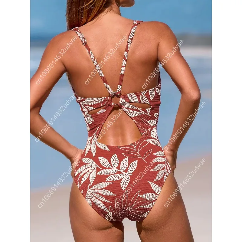 Women's One Piece Swimsuit Deep V Neck Keyhole Cutout O Ring Textured Bathing Suit - view 3