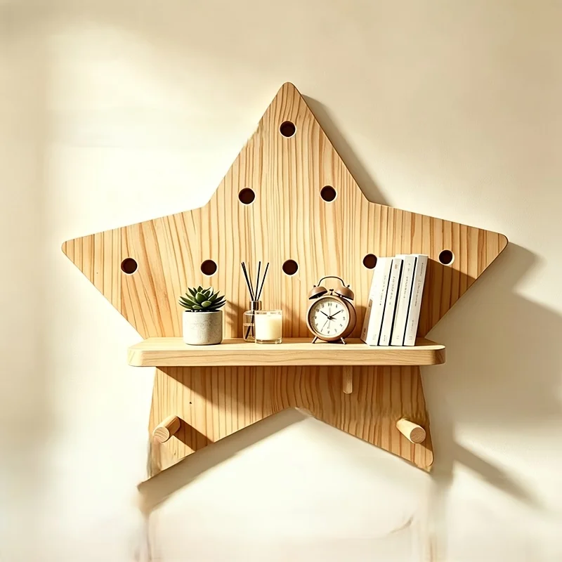 Nordic Style Pine Wood Star-Shaped Wall Shelf, Living Room Wall Green Plant and Book Storage Rack