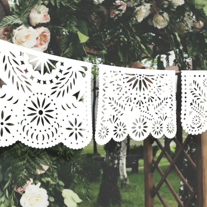 Weißes Papel-Picado-Banner, Kunststoffflaggen, Cinco De Mayo, Kunststoff, mexikanisches Party-Banner, Party, Hochzeiten, mexikanische Party-Dekoration – Detail 5