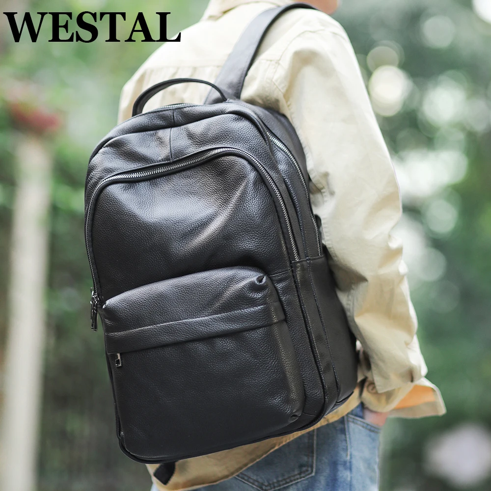 WESTAL Genuine Leather School Backpack for Students mochila Laptop Bag for 15.6'' Black Large Men Backpack for Travel 332