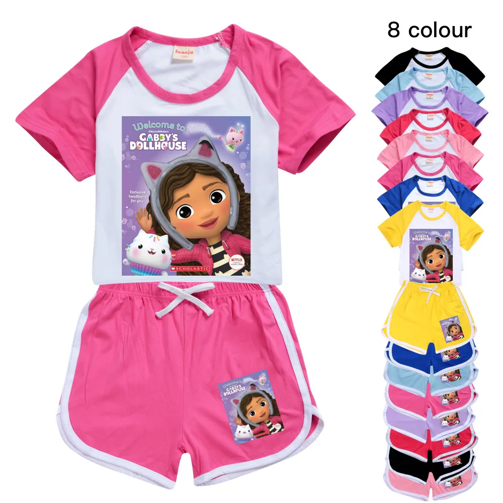 Gabby Doolhouse Clothes Kids Gabi Chat T-shirt Shorts 2pcs Sets Girls Fitness Running Outfits Children Short Sleeve Sportsuits