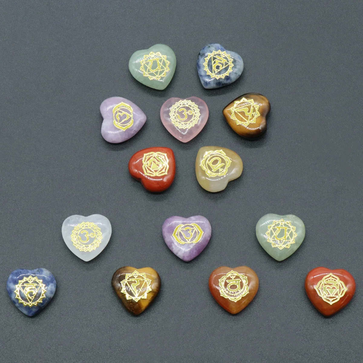 7Pcs Natural Crystal Heart Chakra Stones Set 20mm Engraved Chakra Symbol Heart Stones Reiki Healing Meditation Pocket Stone Set
