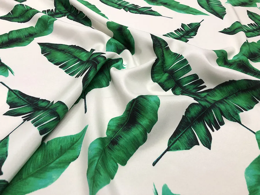 Designer Cloth 30 Momme Elastic Heavy Crepe Silk Clothing Fabric Green Leaves Inkjet Silk Fabric Dress