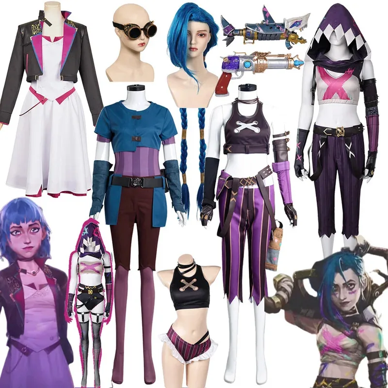 TV 2 Arcane Cosplay juego LoL fantasía disfraz pelucas capa cubiertas para dedos guantes conjunto de accesorios tela polvo Jinx trajes Halloween