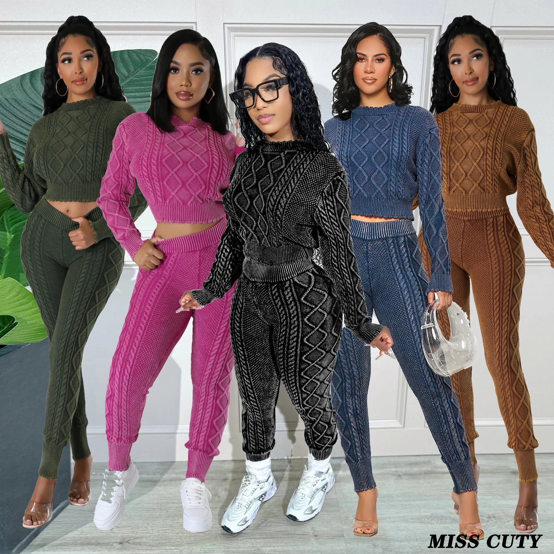 

Knitted Sweater 2 Piece Sets Women Tracksuit 2023 Winter Pullovers Crop Top Elegant Sexy Two Piece Pants Matching Outfits