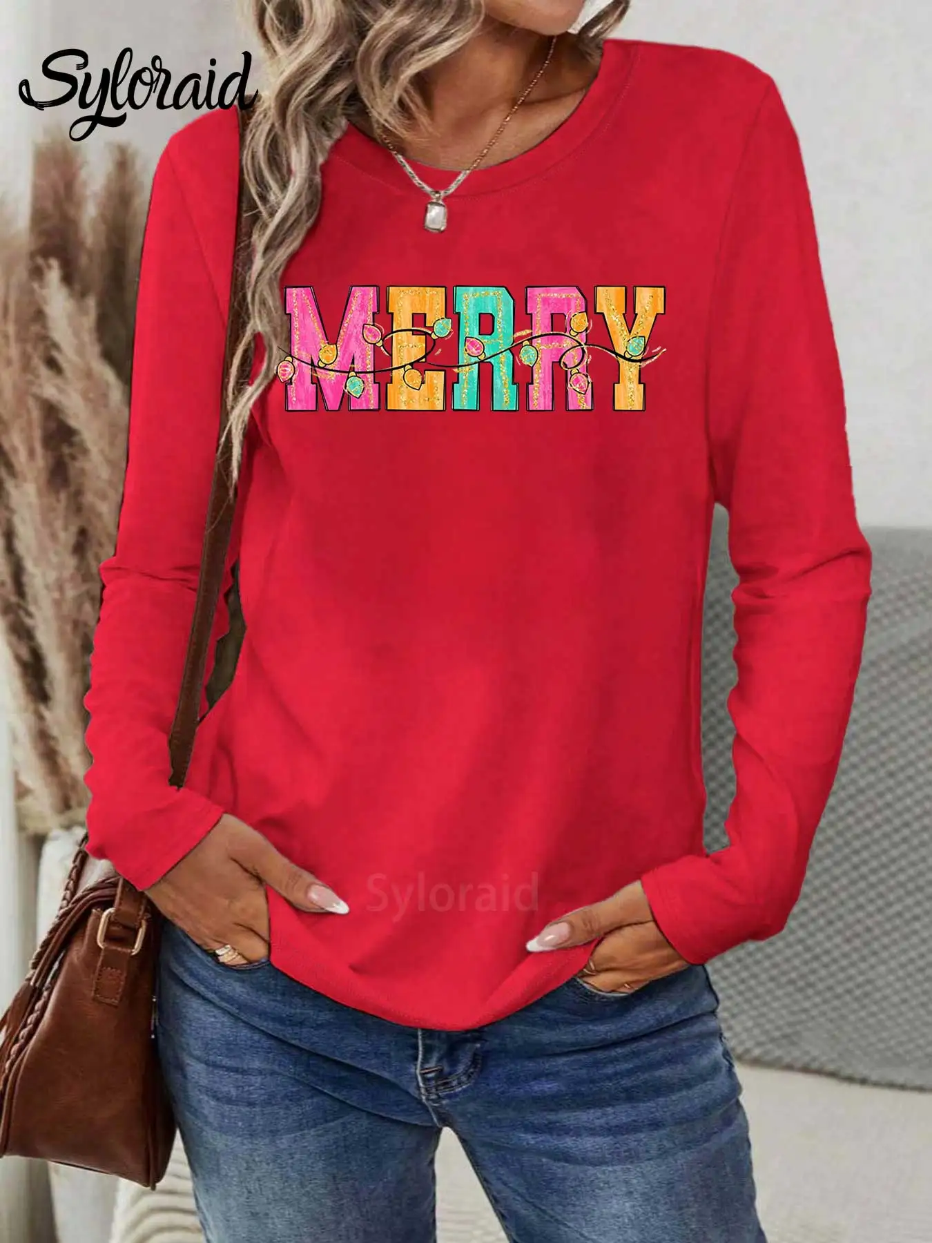 المرأة طويلة الأكمام تي شيرت الوردي عيد ميلاد سعيد أضواء طباعة تي شيرت أزياء جولة الرقبة عارضة أعلى