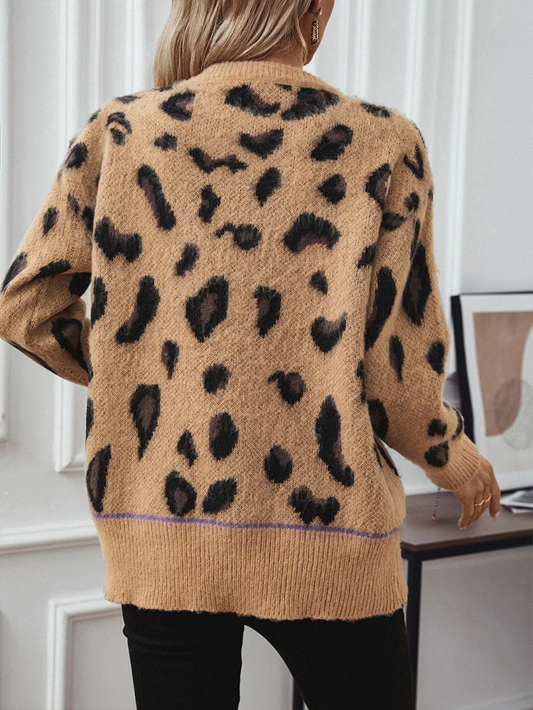 Miyouj Leopard Sweaters Autumn Winter Jumpers O-Neck Long Sleeve Top Women Sweater Simple Basic Knitted Tops Casual Pullover