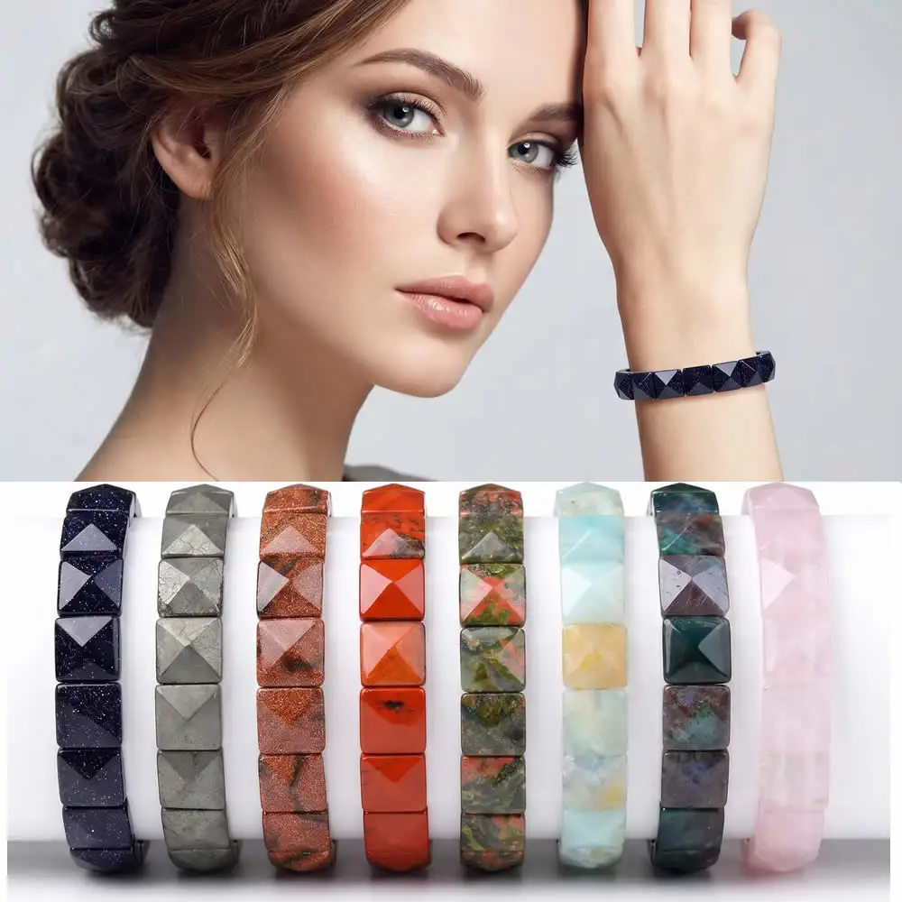 Handmade 11mm Rectangular Square Pyramid Cut Multi Stone Mineral Collection Aesthetic Accessory Gemstone Faceted Beads Bracelet