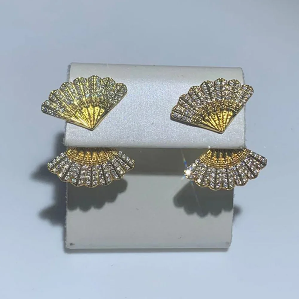 

2025 New Gold Color Fashion Women Jewelry Micro Paved 5A CZ Sparking Fan Double Sided Earring Glamorous Style for Elegant Ladies