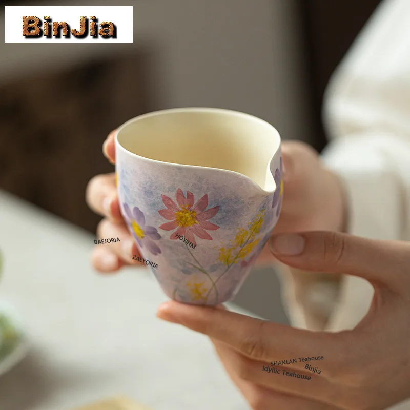 BAEJORIA 150ML Hand-painted Galsang Flower Tea Pitcher Handmade Oil Painting Violet Chahai Divide Tea Justice Cup Drinkware Gift