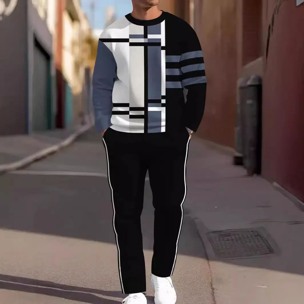 

Mens Cross Border Round Neck Tech Print Casual Sports Set Long sleeve Top Long Pants Loose fit Sweater and Sweatpants 2 set
