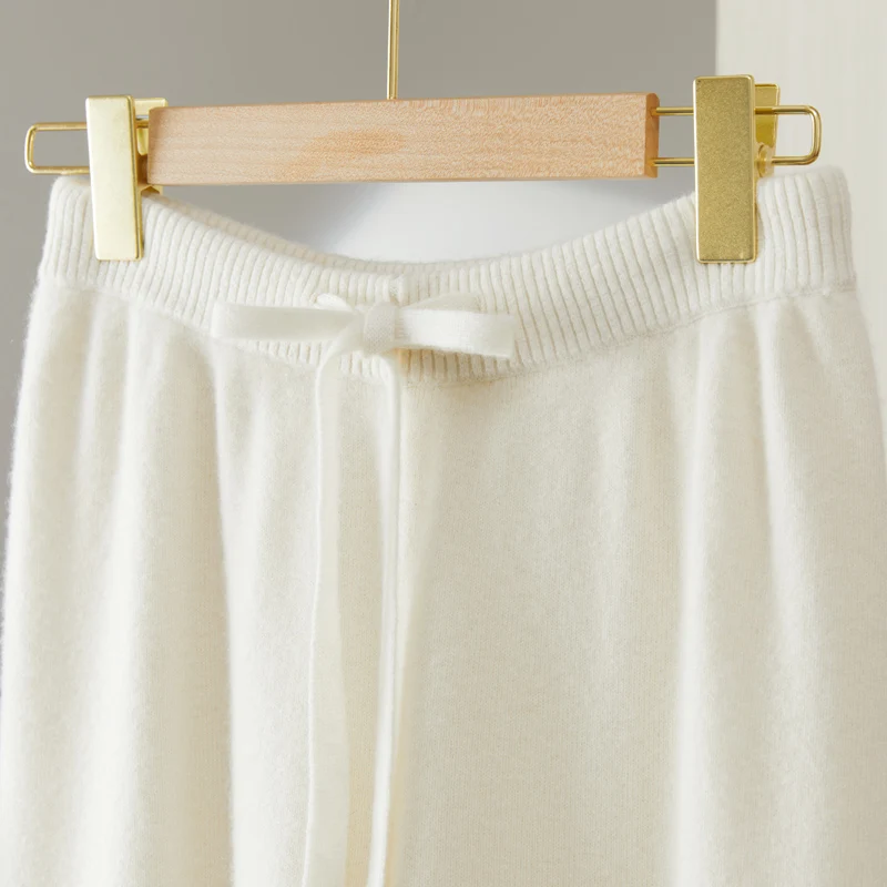 高品質の女性カシミヤストレートパンツ秋冬ハイウエストシンプルパンツ 100% メリノウールニットオフィスレディズボン