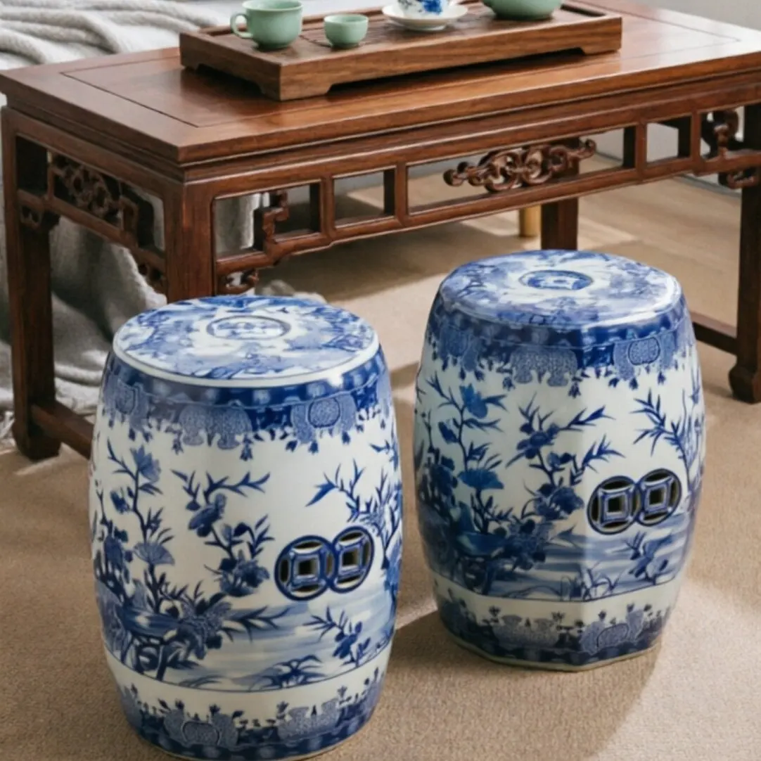 blue New Chinese-style and white porcelain, antique-inspired classical ceramic stool, decorative stool, bathroom stool,