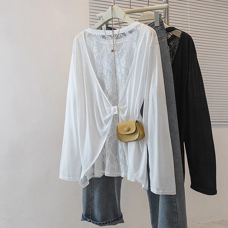 Lace Hollow out Backless Long Sleeve Sun Protection Shirt Women's Thin Summer Outerwear Top Air Conditioning Cover up Cotton