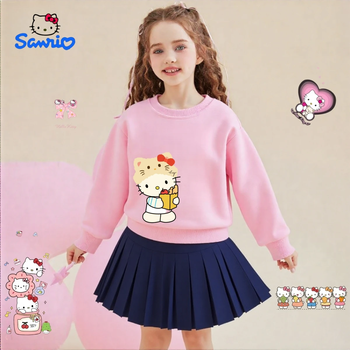 

Осенний комплект детской одежды SANRIO, спортивные кофты для маленьких девочек, пуловер HELLO KITTY, топ и плиссированная юбка, милые спортивные костюмы из 2 предметов