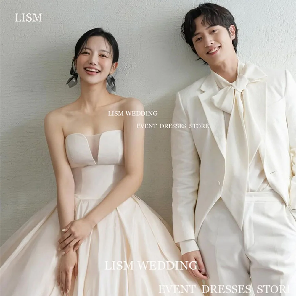 

LISM Sexy Satin Wedding Dresses Strapless Sleeveless Corset A-Line Floor Length Formal Bridal Gowns For Korean Lady Photo Shoot