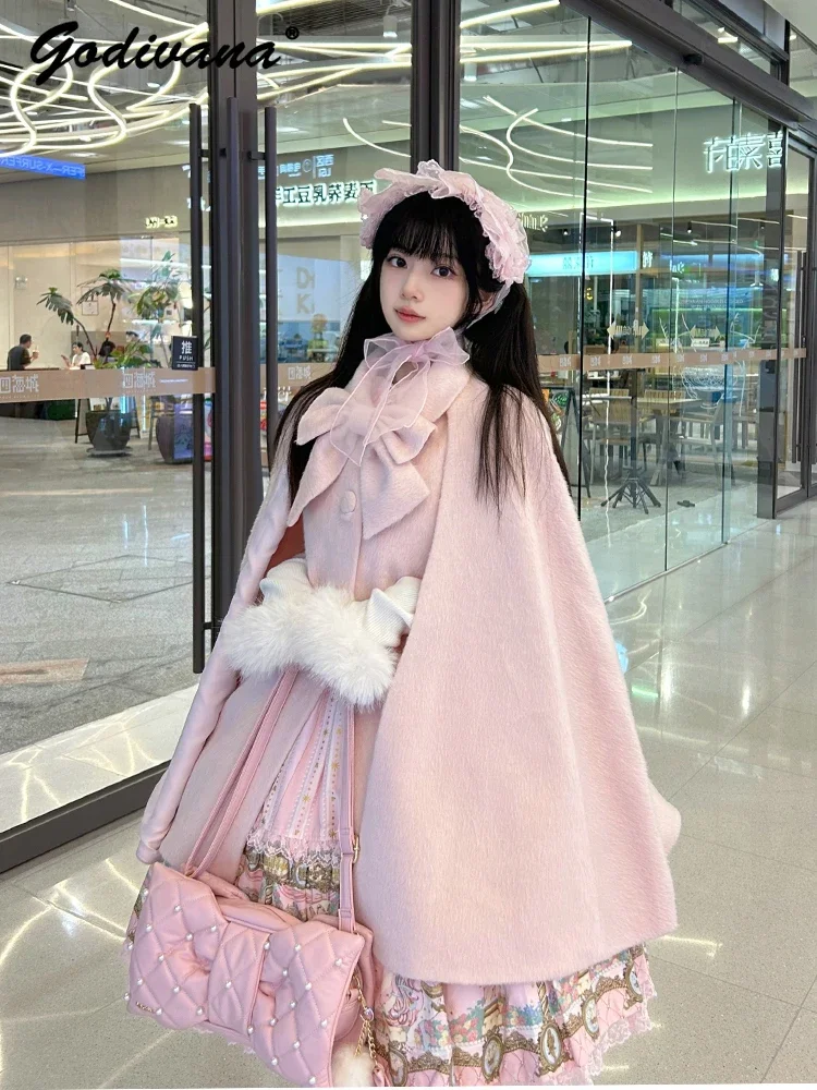 

New Autumn and Winter Sweet Cute Girl Women's Bow Single-breasted Wool Cloak Coat Female Warm Poncho Woolen Cape Jacket