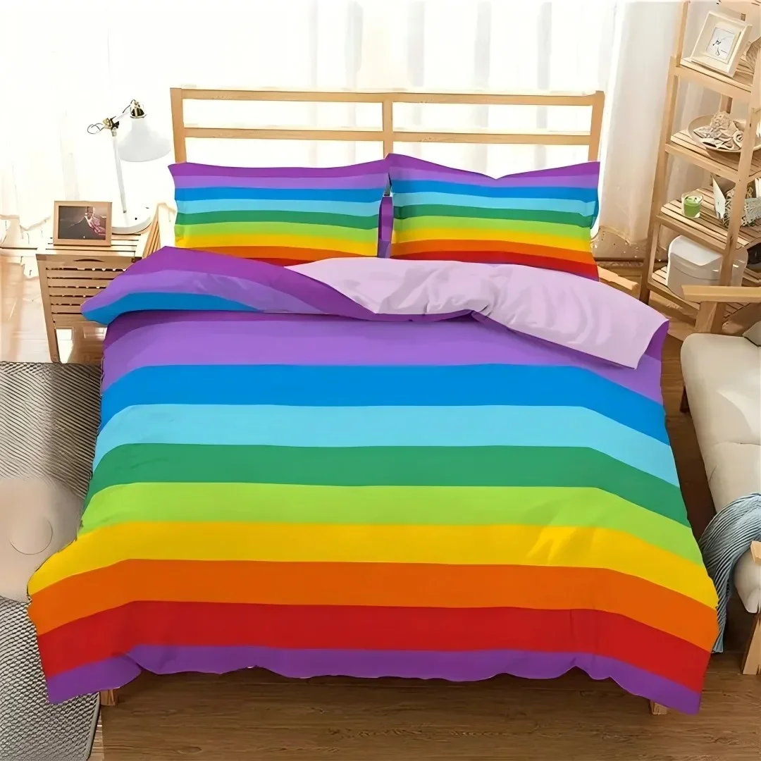 الدوبامين قوس قزح شريط ثلاثية الأبعاد غطاء لحاف مطبوع ملون مطبوعة الفراش ضوء فاخر 3 قطعة مجموعة مع 2 سادات لا لحاف