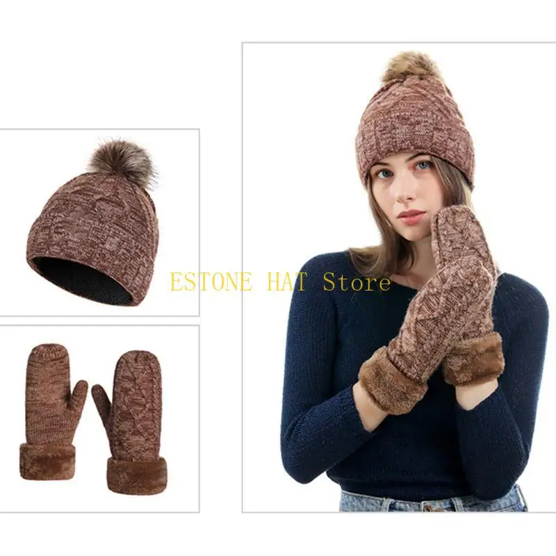 

49MF 2Pcs Women Winter Cable Knit Beanie Hat with Full Finger Gloves Mittens Set Thicken Thermal Plush Lined Skull