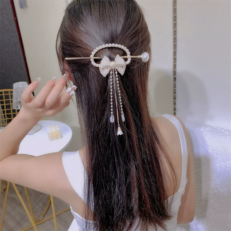 

Female Ladies Summer Autumn Hairpin Hair Clip Hair Styling Tools Chinese Style Pearls Tassels Bow Hair Sticks for Women