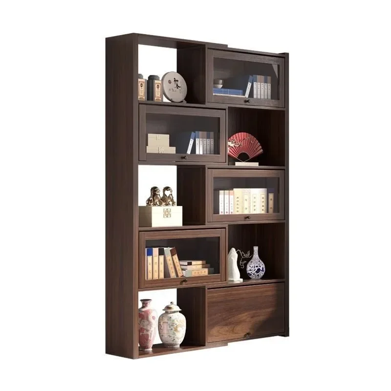 Solid wood telescopic bookcase, storage cabinet with glass door, floor-to-ceiling bookshelf, whole wall display living room