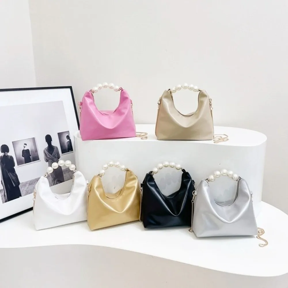 

Chain Pearl Handle Handbag Korean Style PU Leather Cloud Shoulder Bag Solid Color Lightweight Women Crossbody Bag Storage phone