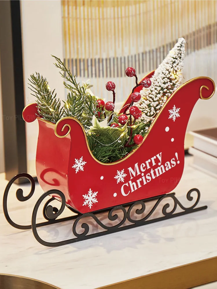 Christmas sleigh car with lights home office desktop mini wrought iron ornament Christmas scene arrangement window decoration