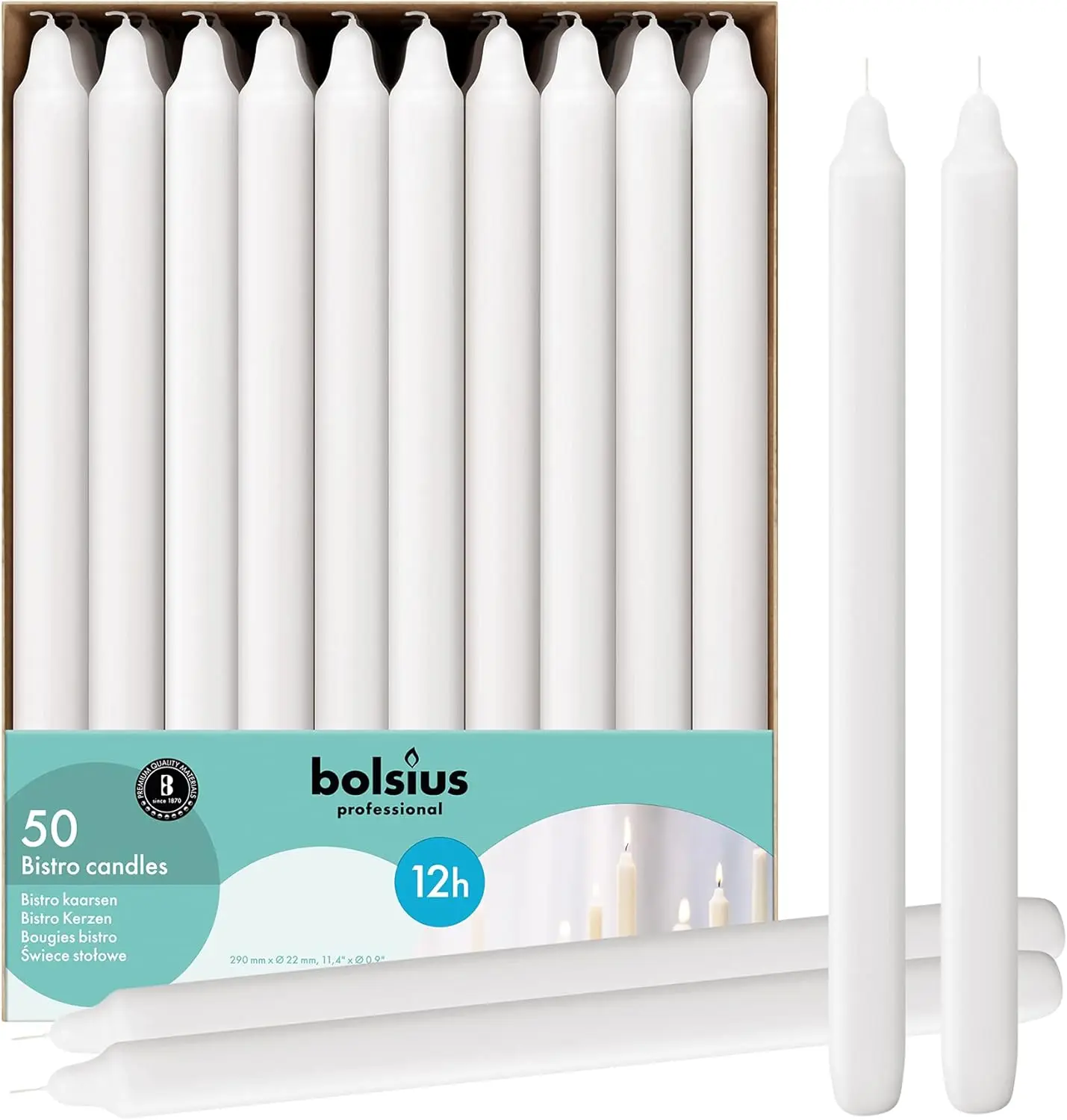 

50 белых подсвечников, оптовая упаковка — без запаха, без капель, 11,5-дюймовые бытовые и обеденные свечи, ожог на 12 часов