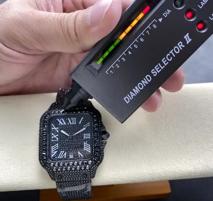 

Luxury Moissanite with Designer Logo Glowing Roman Numerals Black Diamond Business Casual Watch