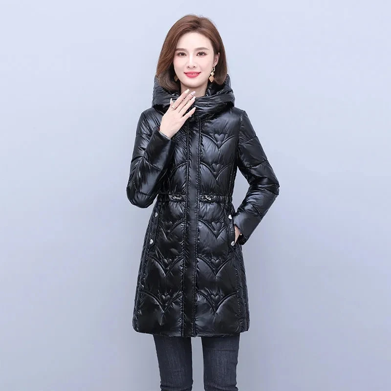 Doudoune à capuche mi-longue pour femme, veste en coton, parkas femme, surface brillante, manteau chaud, hiver, nouveau, 2023