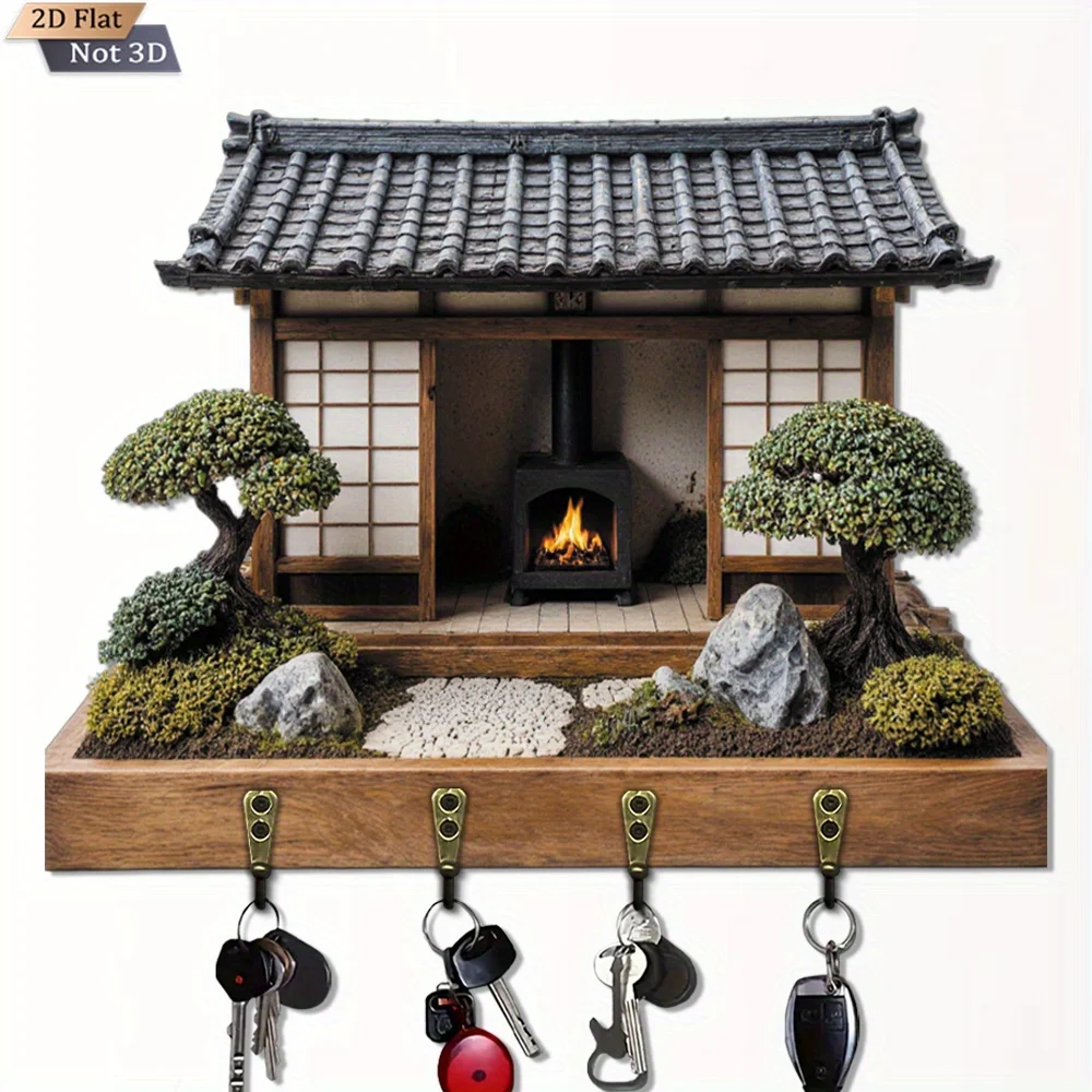 . 2D Flat., Japanese Garden Miniature Scene, Multifunctional wooden home key holder with four metal hooks, suitable for wall