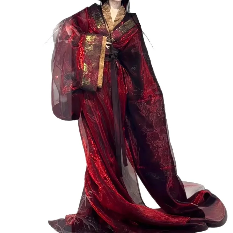 

New red and blue Warring States robe Hanfu straight skirt ancient dress