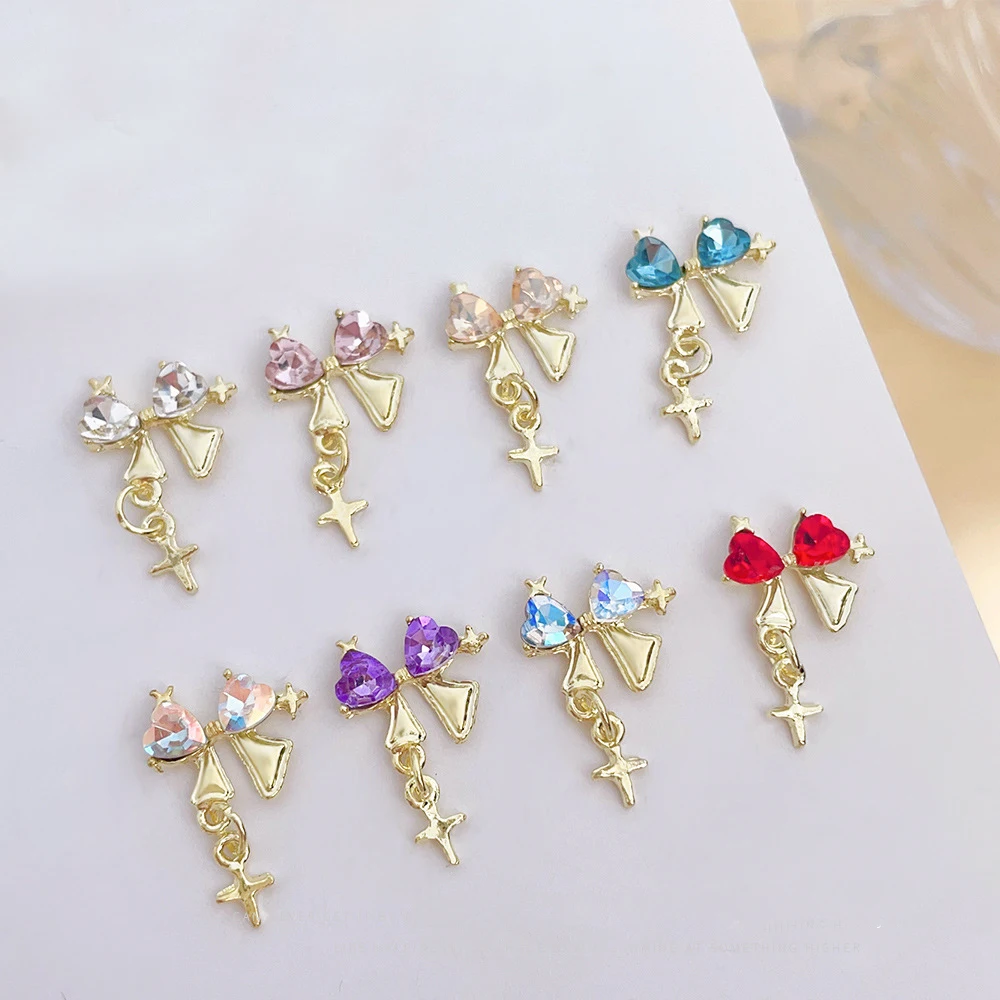 

10Pcs Heart Bow Pendant Nail Art Charm 3D Gold Luxurious Diamond Gem Alloy Pendant Nail Ornament DIY Exquisite Nail Accessories