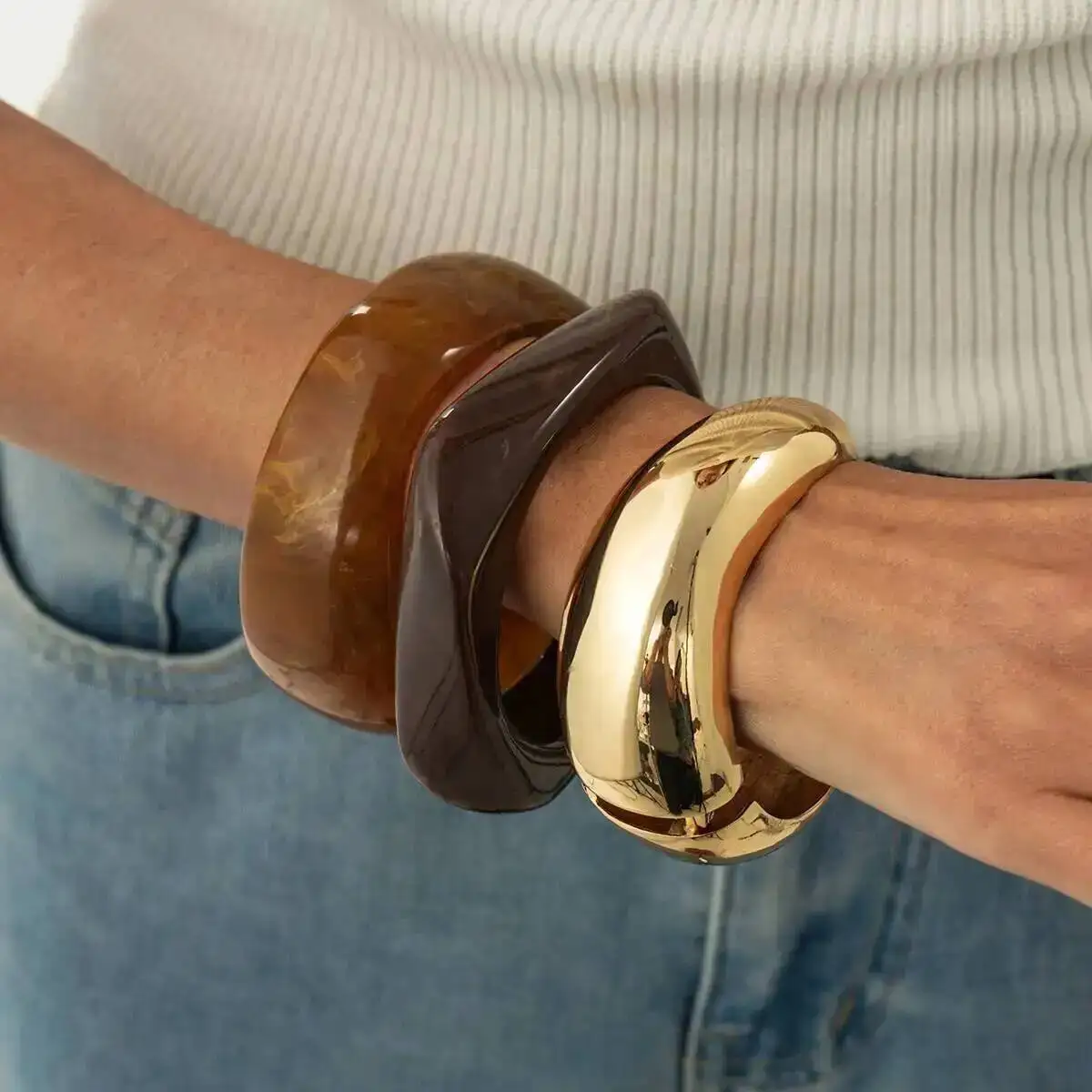 Lacteo 3 Styles Exaggerated Vintage Stackable Resin Acrylic Wide Chunky Bangles Women Punk Metal Spring Bracelet Daily Jewelry