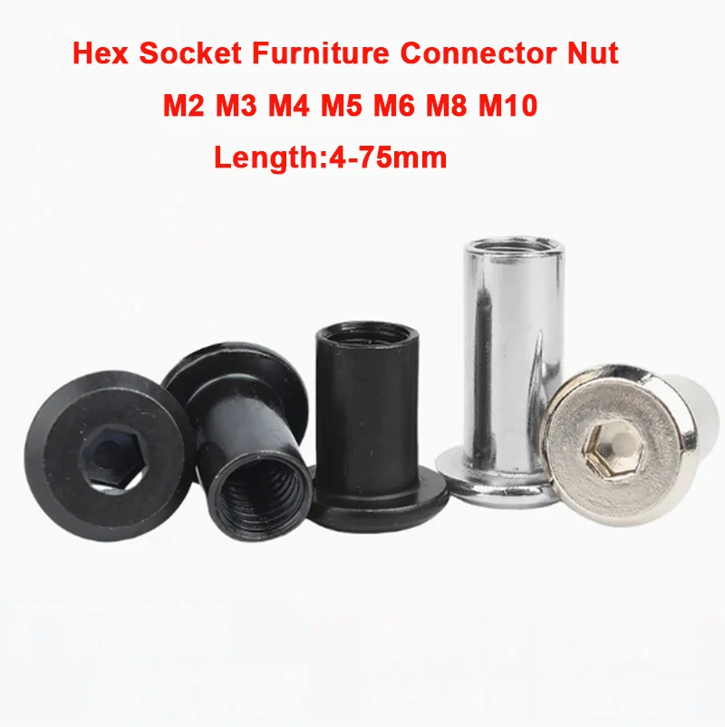 1/10Pcs M2  to M10 304 Stainless Steel Flat Hex Socket Head Sleeve Insert Nut Furniture Table Bed Connector Rivet Length 4-100mm