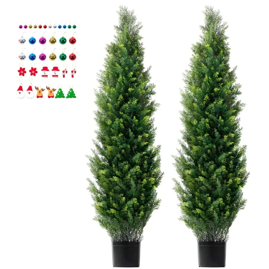 Artificial Cedar Topiary Tree 60 inch Tall 2 Pieces with Extra Leaves Pot Faux Evergreen Fake Pine Cypress Trees Plant UV Rated