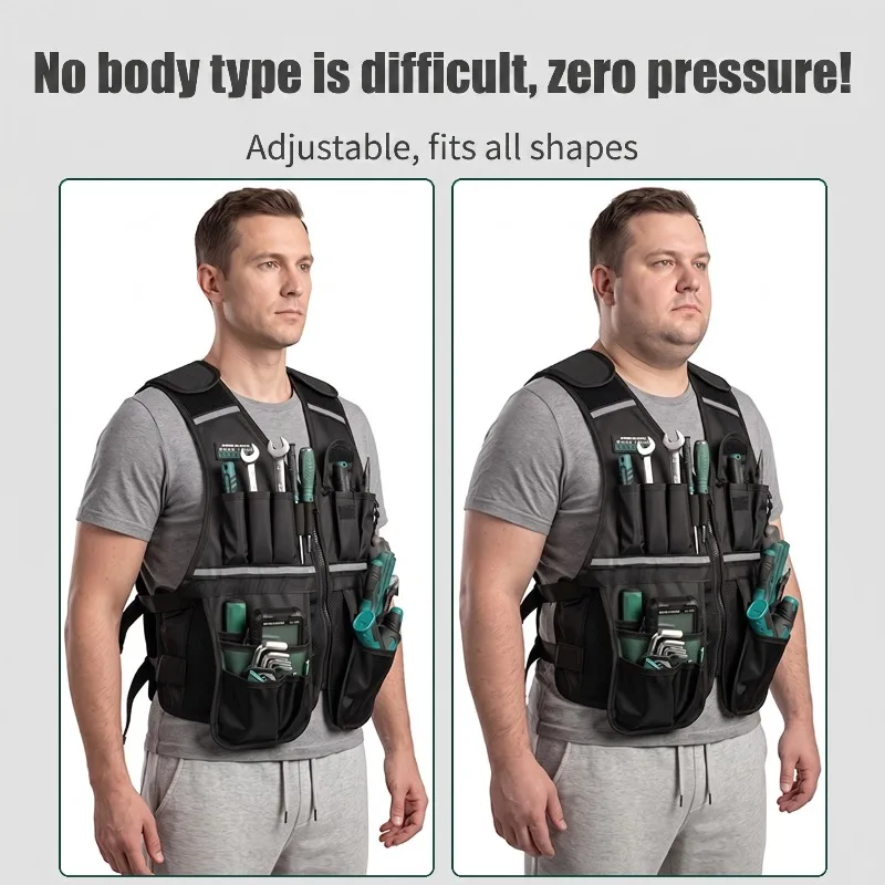Multifunctional Tool Vest Breathable Mesh Work Vest with Reflective Strip Multi‑pocket Electrician Hardware Tools Storage Apron