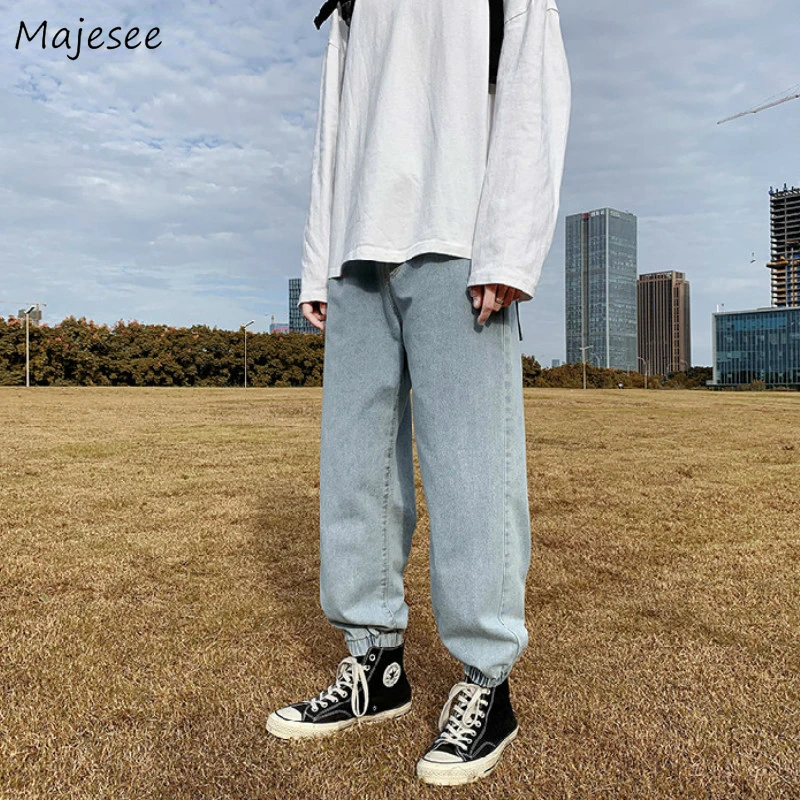 Men Jeans Bundle Feet Drawstring Korean Style Baggy Denim Retro Trousers Trendy All-match Hip Hop Harajuku Vintage Leisure Chic