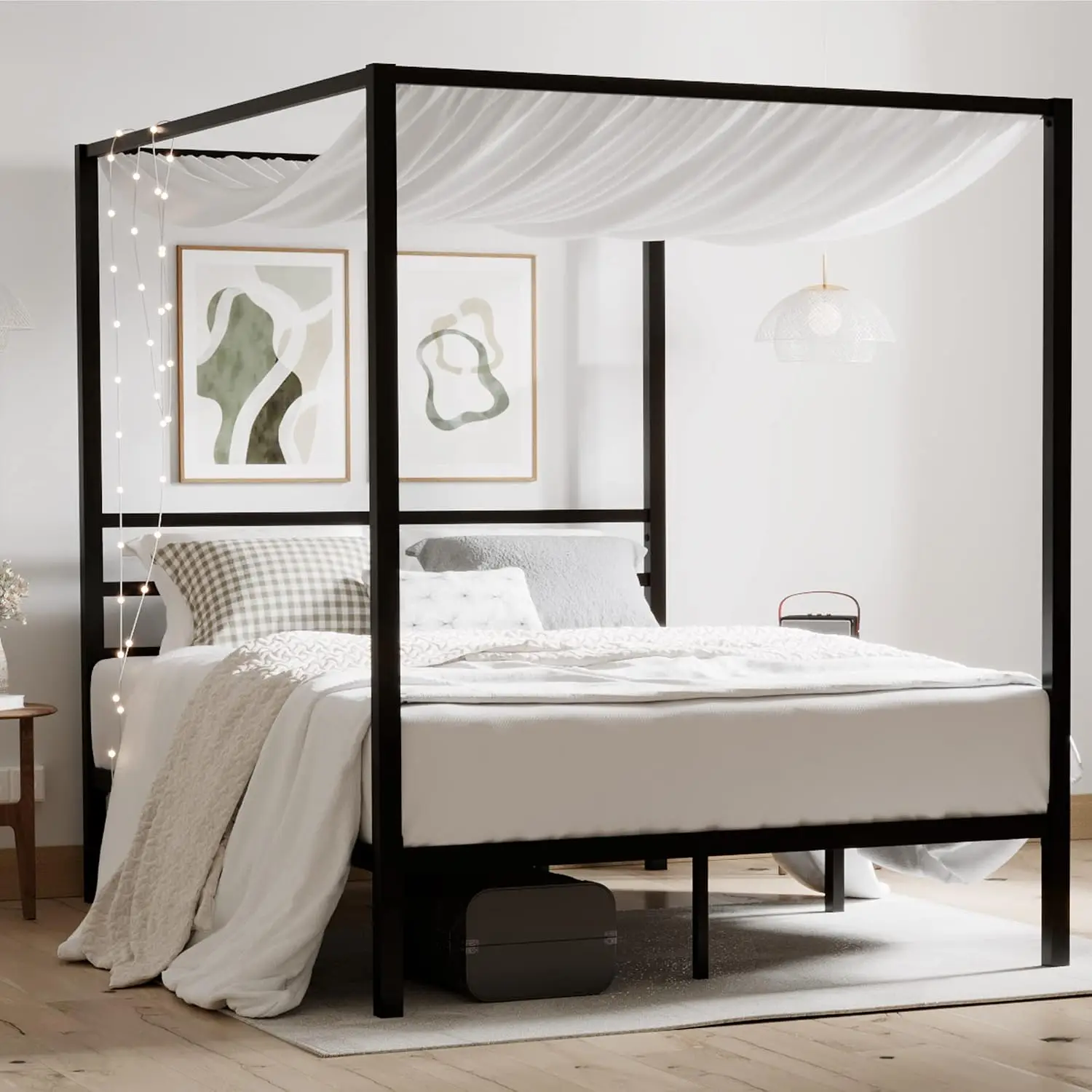 Metal Canopy Bed Frame Queen Size Heavy-Duty Support Black, Customized