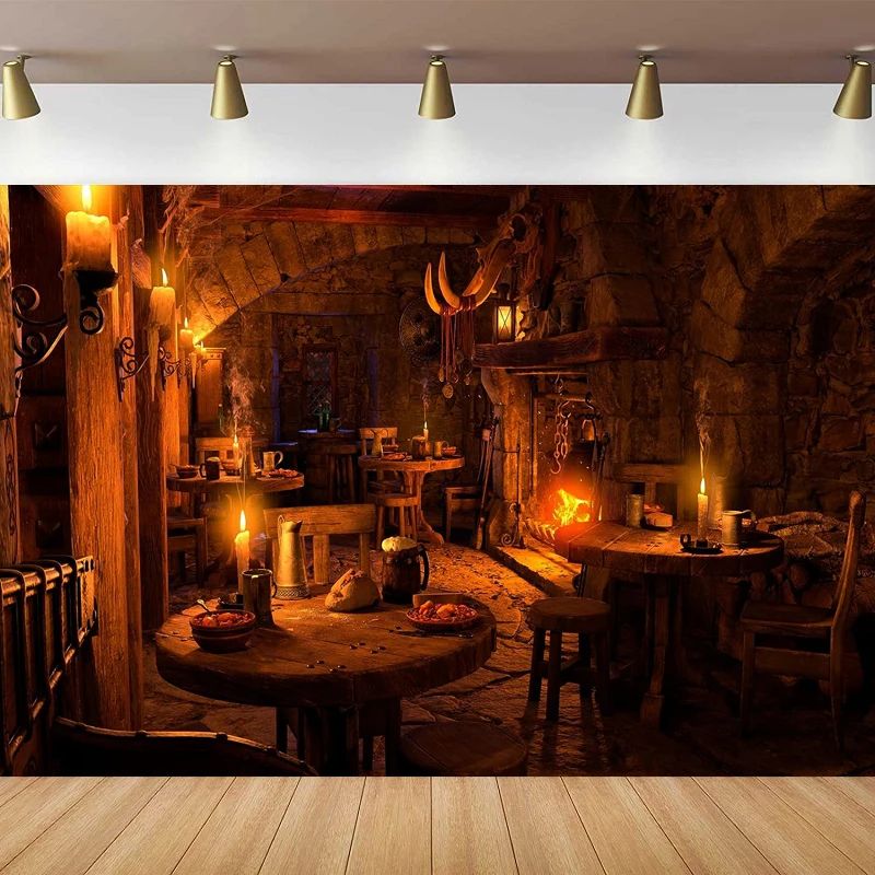 Medieval Tavern Photography Backdrop Wooden Interior Candle Light Fireplace Burning Fire Ancient Inn Bar Background Party Decor