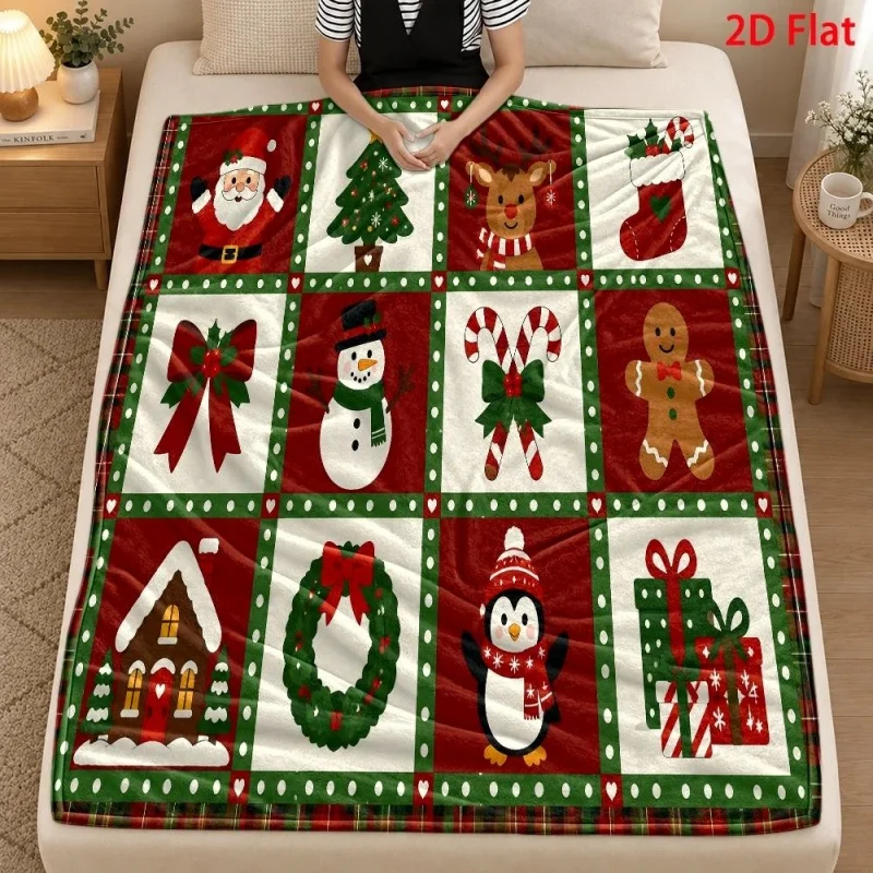 Christmas Gnome Animal Patchwork Print Throw Blanket, Snowman Wreath Plaid Snowflake Household Throw Blanket